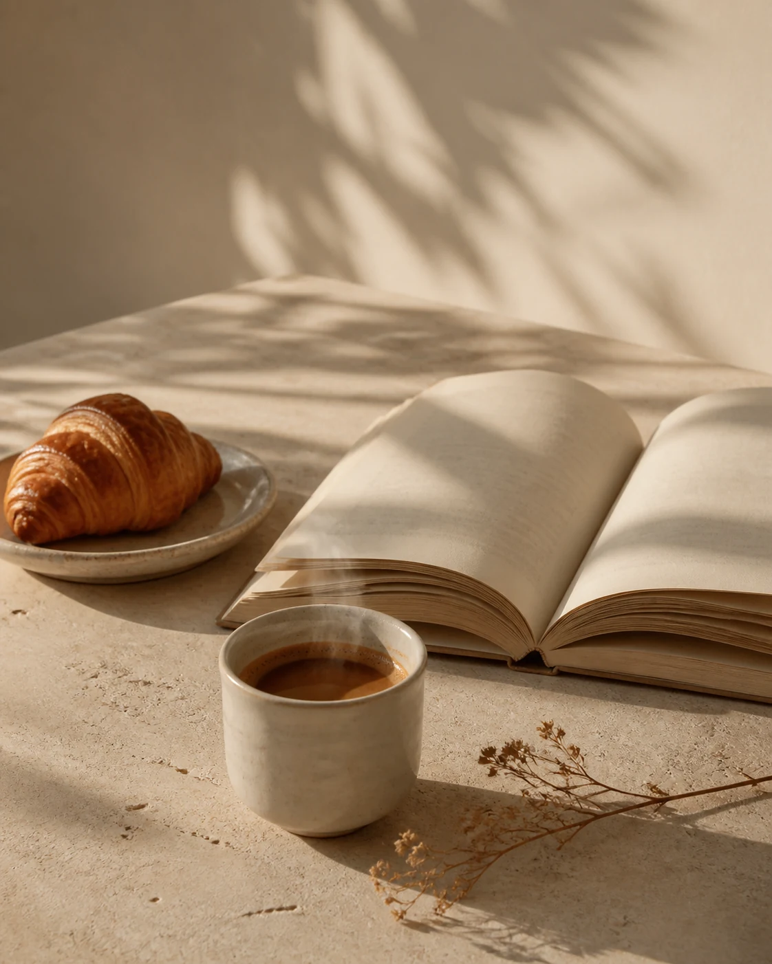Góc bàn thư giãn với tách cà phê nóng, sách mở, croissant và hoa khô trong nắng chiều