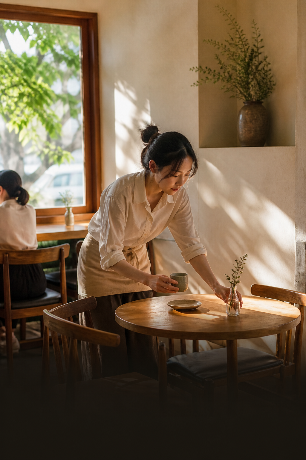 Nhân viên chuẩn bị bàn đón khách trong không gian ChillingCafe