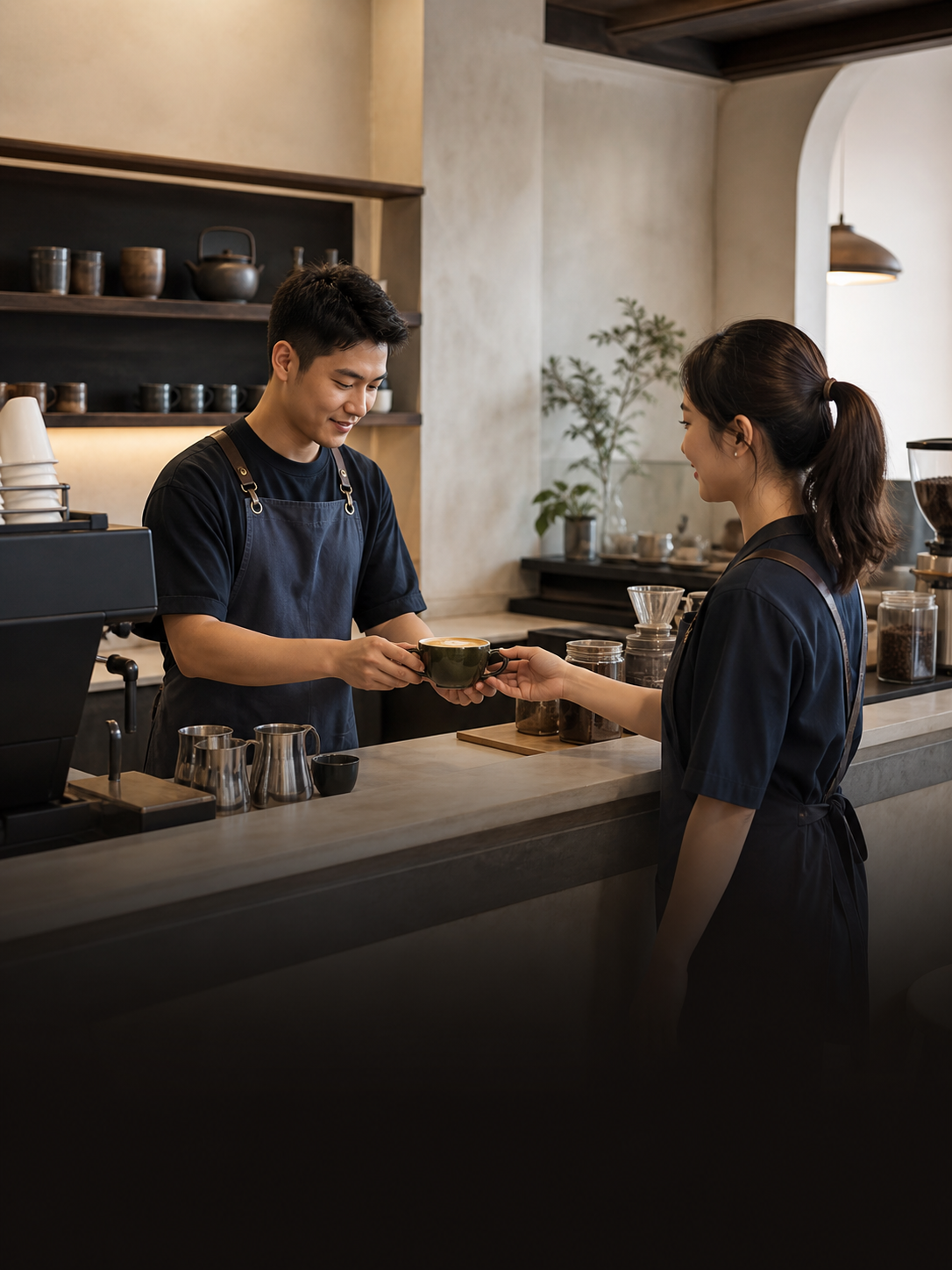Hai barista phối hợp trao thức uống tại quầy ChillingCafe