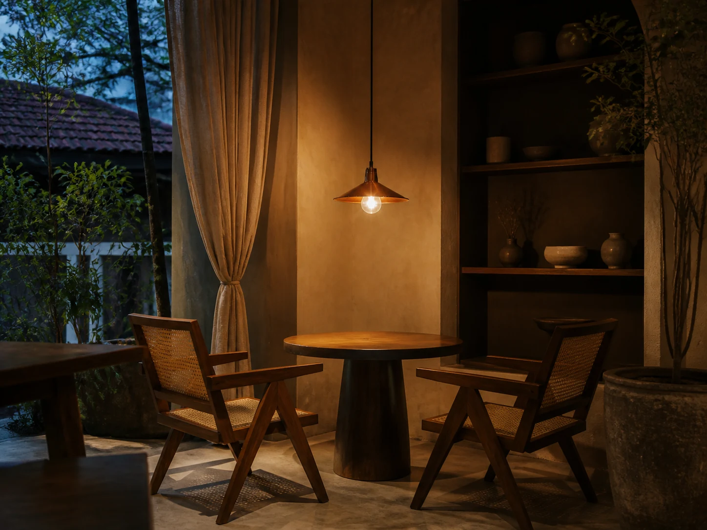 Góc bàn hai ghế với ánh đèn dịu vào đầu tối tại ChillingCafe